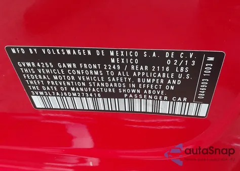 2013 Volkswagen Jetta 2.0L Tdi from USA, damaged, VIN 3VW3L7AJ6DM273416